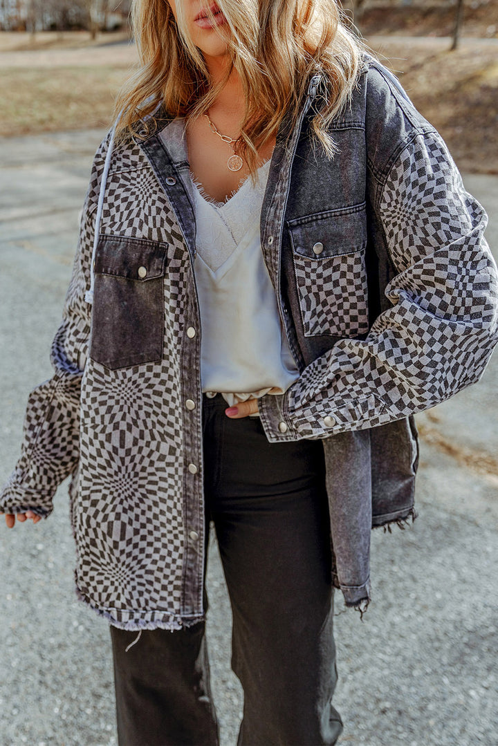 EJC Plaid Snap Down Raw Hem Drawstring Hooded Jacket