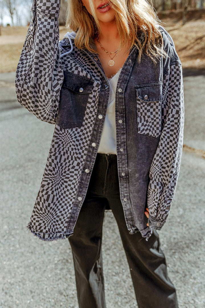 EJC Plaid Snap Down Raw Hem Drawstring Hooded Jacket