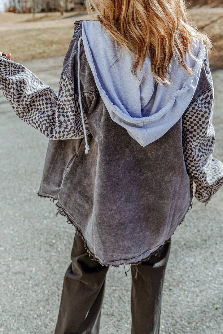 EJC Plaid Snap Down Raw Hem Drawstring Hooded Jacket
