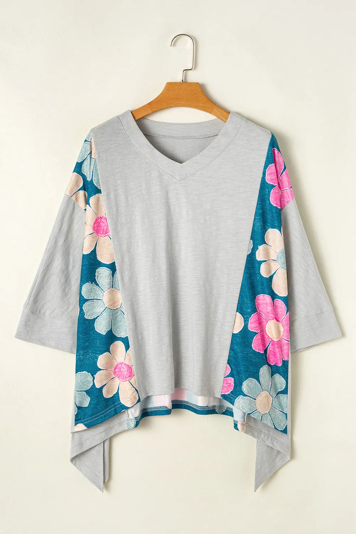 EJC Slit Floral V-Neck Three-Quarter Sleeve Blouse