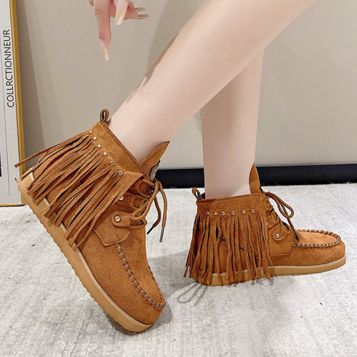 EJC Fringe Studded Round Toe Canvas Boots