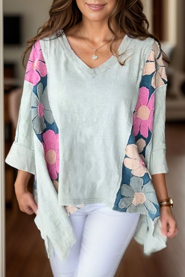 EJC Slit Floral V-Neck Three-Quarter Sleeve Blouse