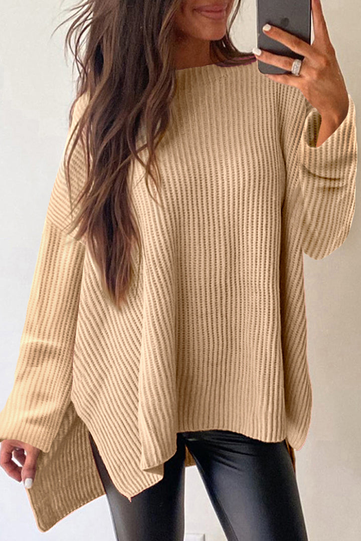 EJC Side Slit Round Neck Long Sleeve Sweater