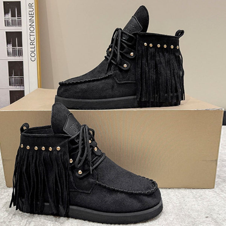 EJC Fringe Studded Round Toe Canvas Boots