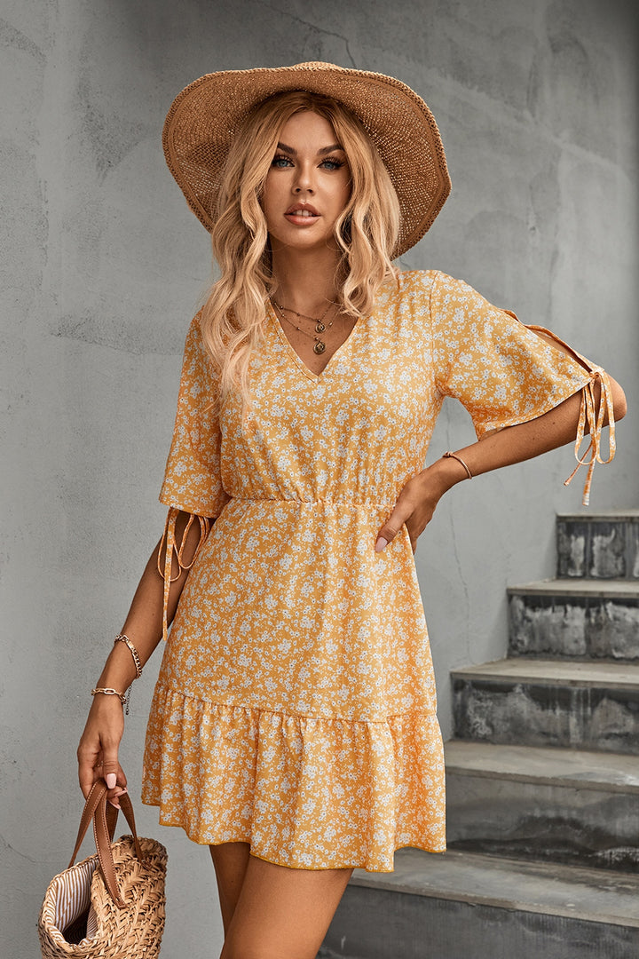 EJC Dainty and Sweet Floral V-Neck Half Sleeve Mini Dress