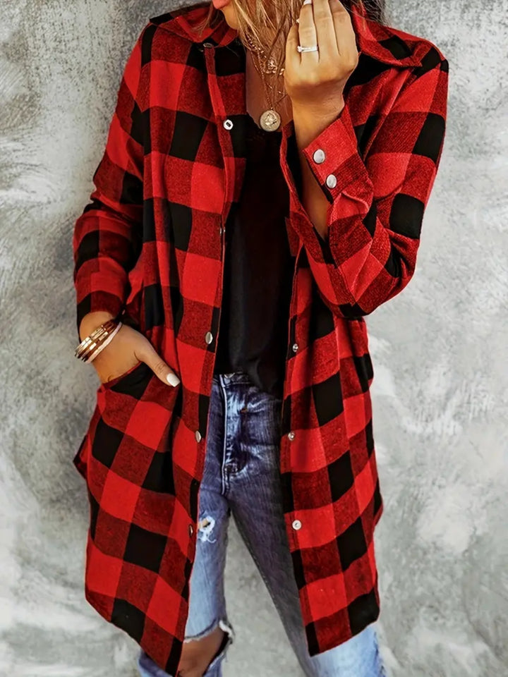 EJC Plaid Collared Neck Snap Down Long Sleeve Shacket