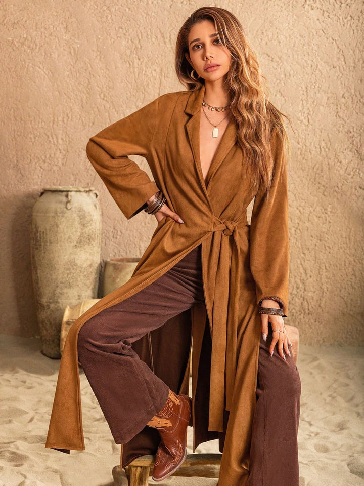 EJC Slit Tied Collared Neck Longline Coat