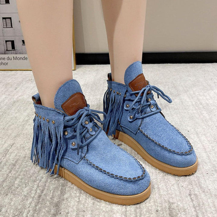 EJC Fringe Studded Round Toe Canvas Boots