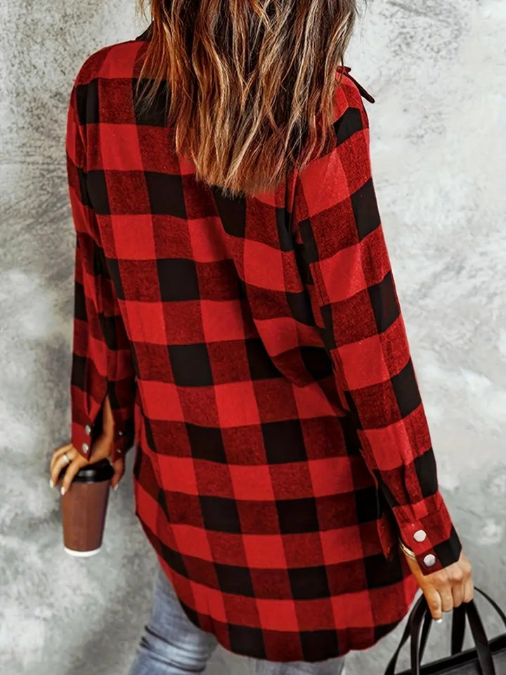 EJC Plaid Collared Neck Snap Down Long Sleeve Shacket
