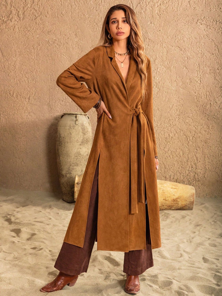 EJC Slit Tied Collared Neck Longline Coat
