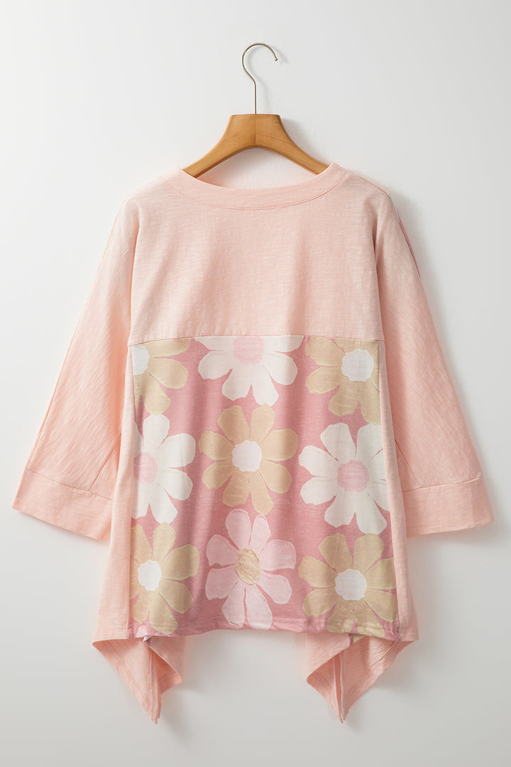 EJC Slit Floral V-Neck Three-Quarter Sleeve Blouse