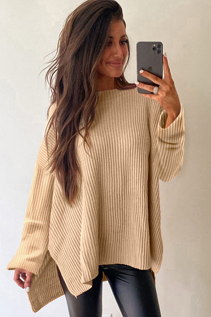 EJC Side Slit Round Neck Long Sleeve Sweater