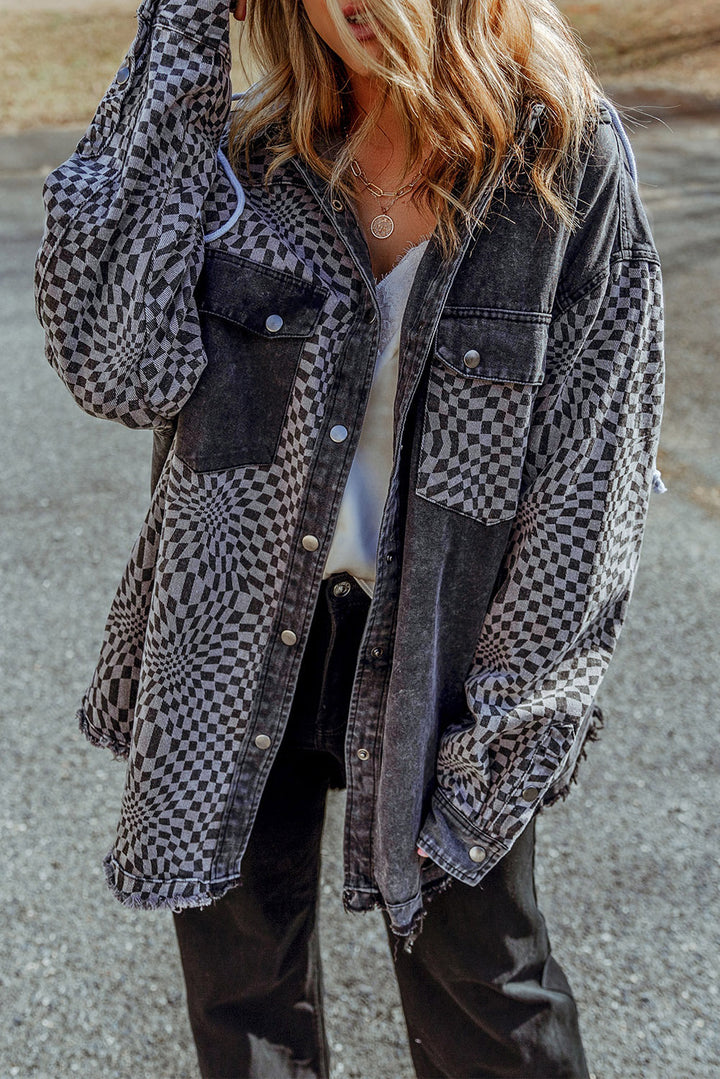 EJC Plaid Snap Down Raw Hem Drawstring Hooded Jacket