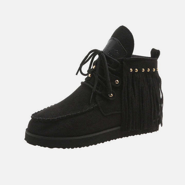 EJC Fringe Studded Round Toe Canvas Boots