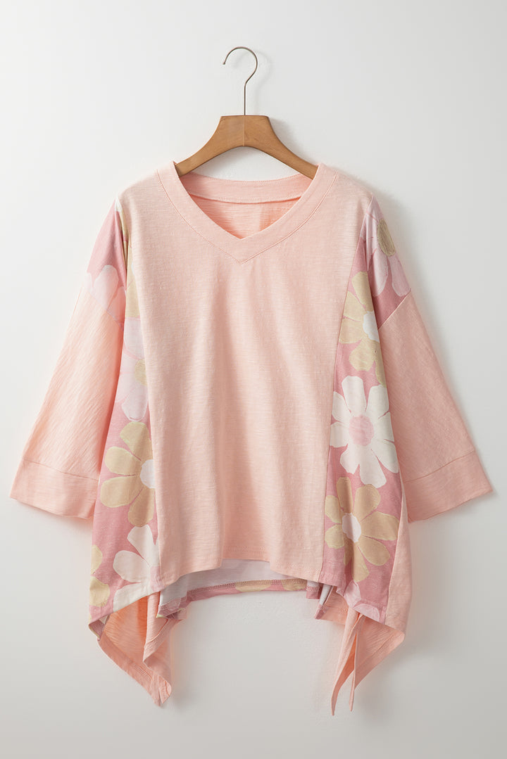 EJC Slit Floral V-Neck Three-Quarter Sleeve Blouse
