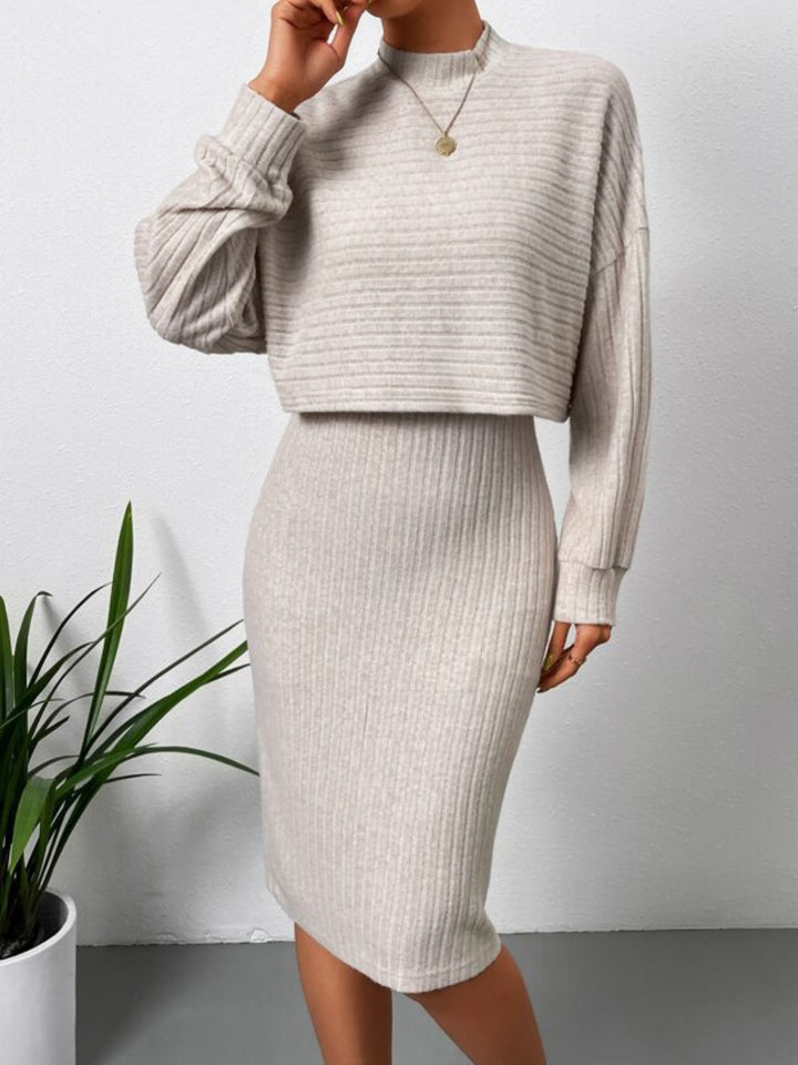 EJC Mock Neck Long Sleeve Top and Wide Strap Dress Set