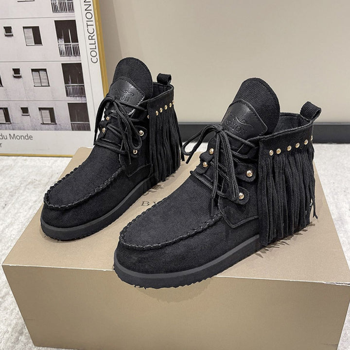 EJC Fringe Studded Round Toe Canvas Boots