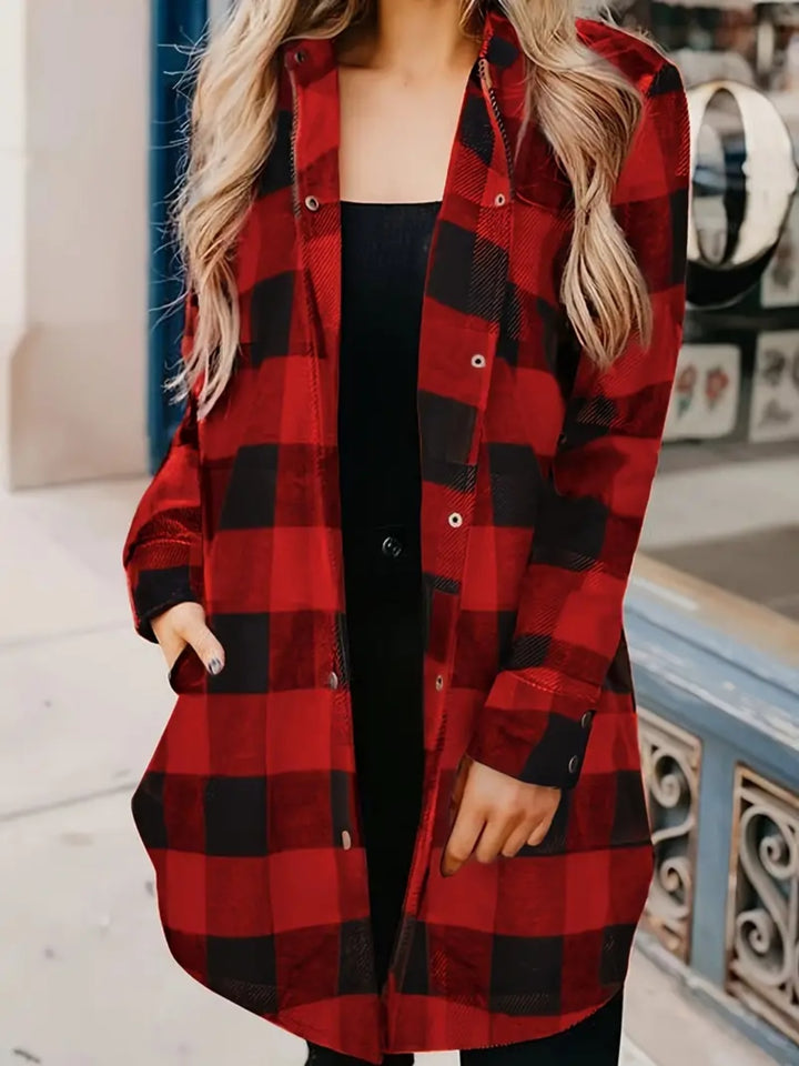 EJC Plaid Collared Neck Snap Down Long Sleeve Shacket