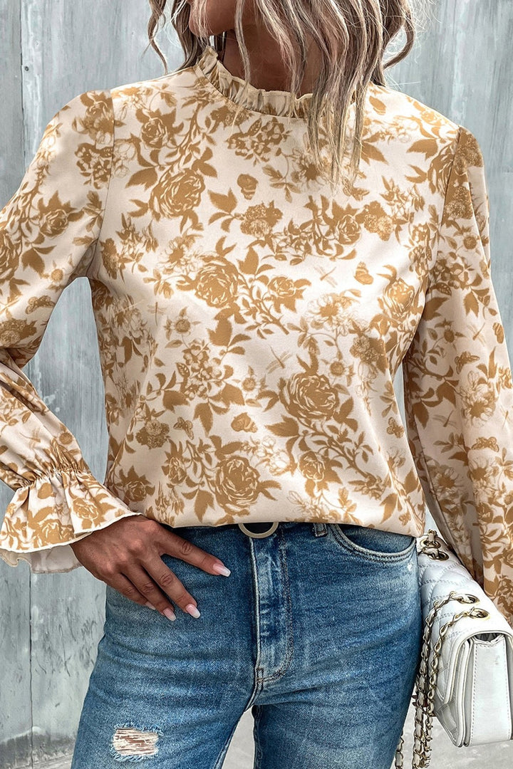 EJC FLORAL PRINT MOCK NECK FLOUNCE SLEEVE BLOUSE