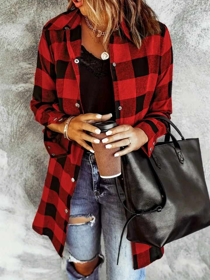 EJC Plaid Collared Neck Snap Down Long Sleeve Shacket