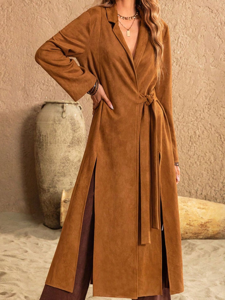 EJC Slit Tied Collared Neck Longline Coat