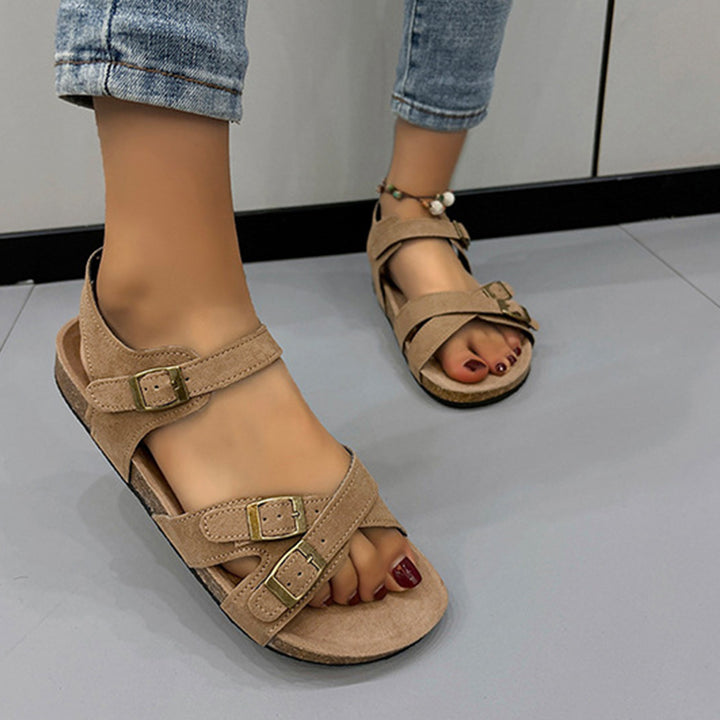 EJC OPEN TOE FLAT BUCKLE SANDALS