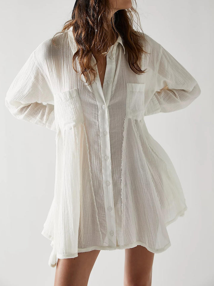 EJC Button Up Collared Neck Long Sleeve Longline Shirt