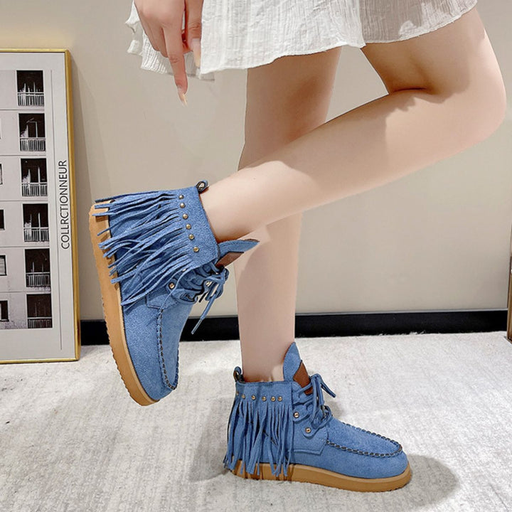 EJC Fringe Studded Round Toe Canvas Boots