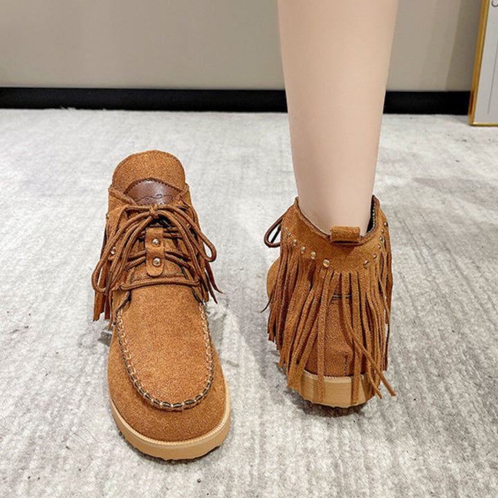 EJC Fringe Studded Round Toe Canvas Boots