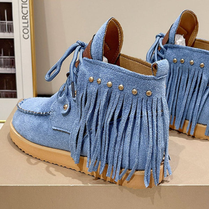 EJC Fringe Studded Round Toe Canvas Boots