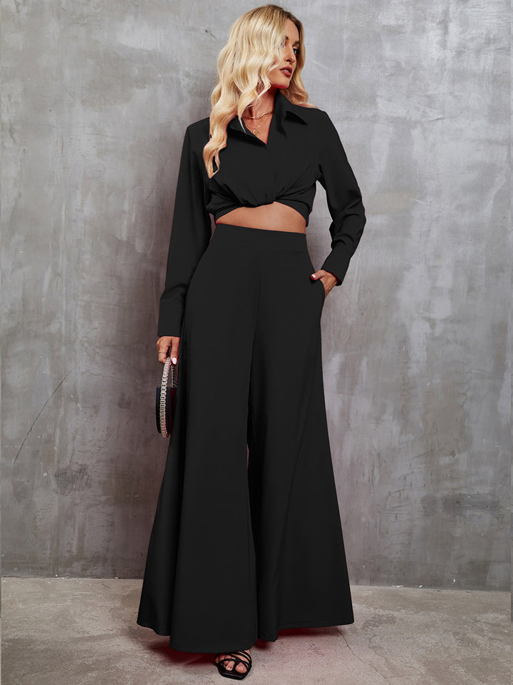 EJC Collared Neck Long Sleeve Top and Wide Leg Pants Set