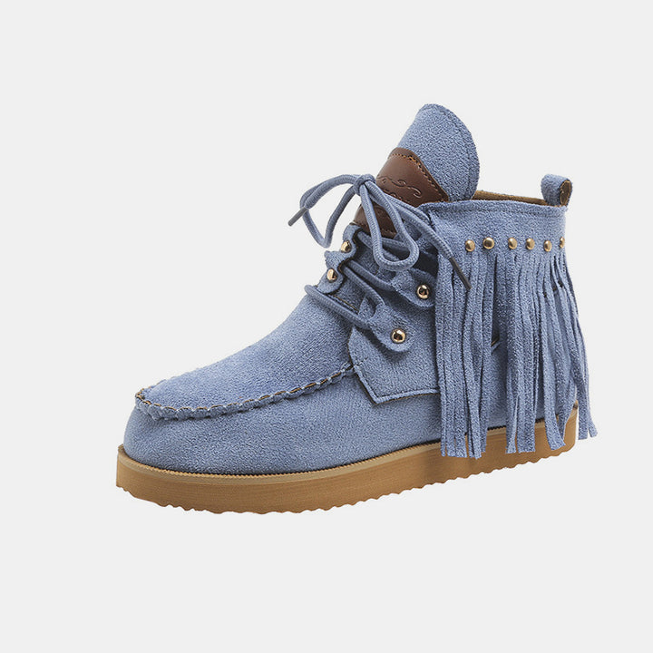 EJC Fringe Studded Round Toe Canvas Boots