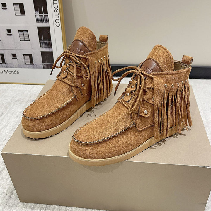 EJC Fringe Studded Round Toe Canvas Boots
