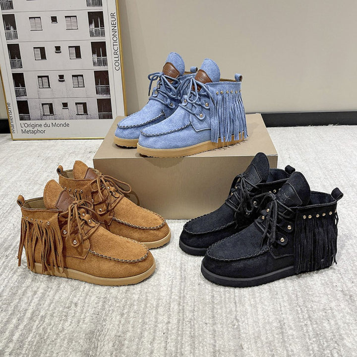 EJC Fringe Studded Round Toe Canvas Boots