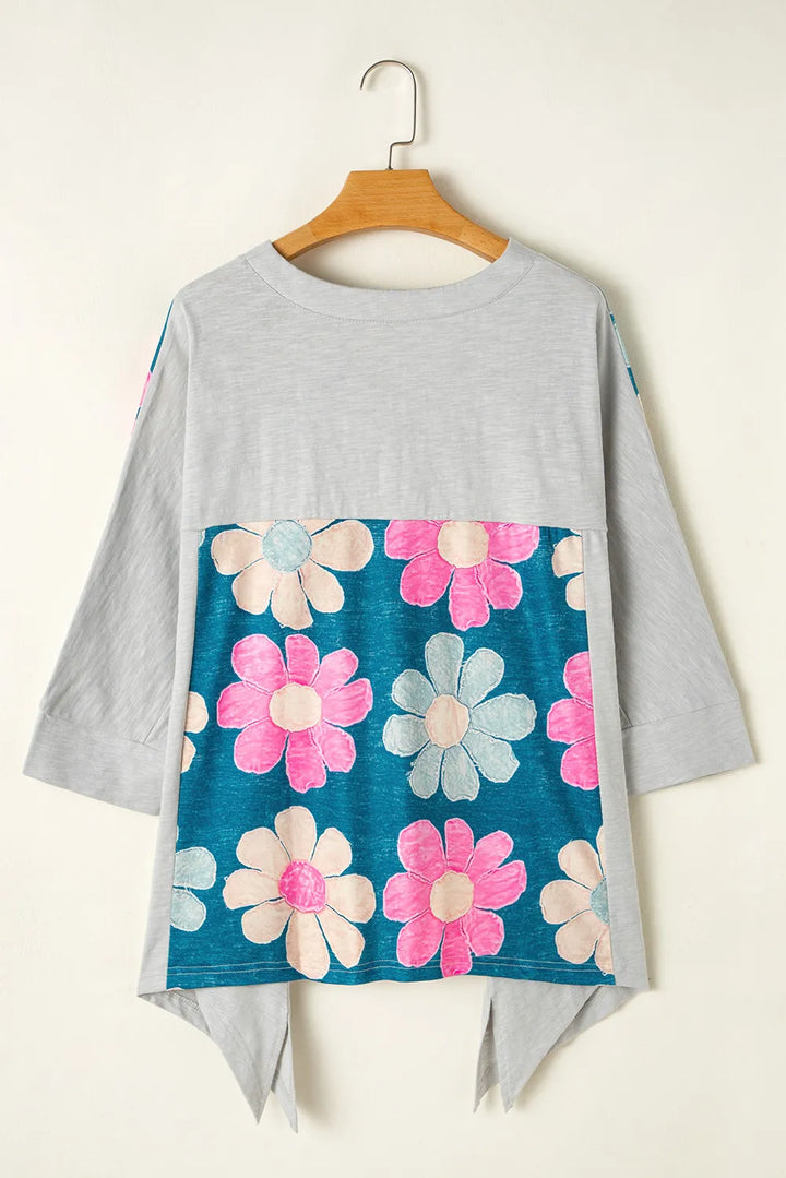 EJC Slit Floral V-Neck Three-Quarter Sleeve Blouse