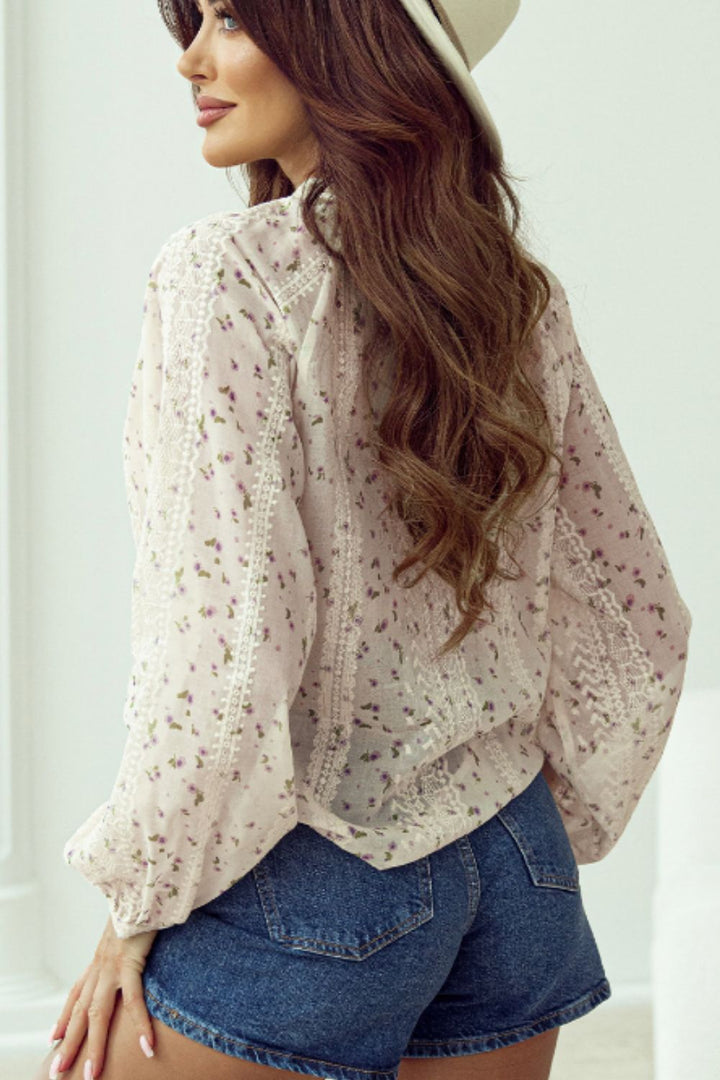 EJC Frill Lace Detail Printed Tie Neck Long Sleeve Blouse