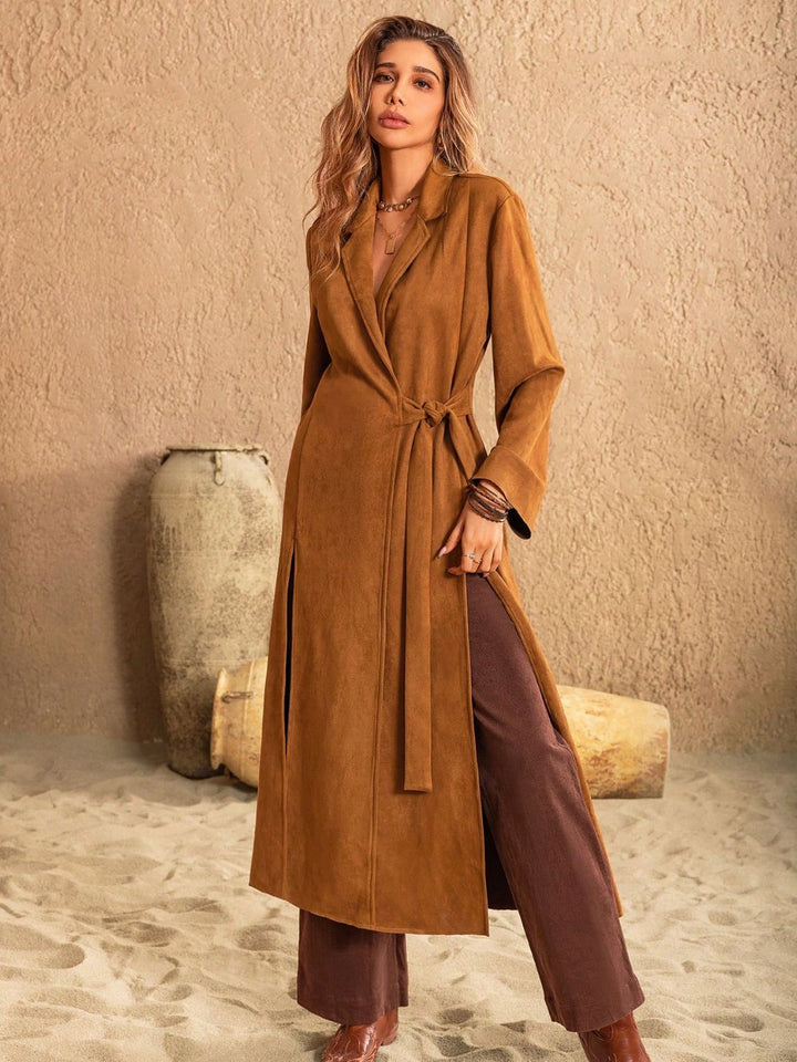 EJC Slit Tied Collared Neck Longline Coat