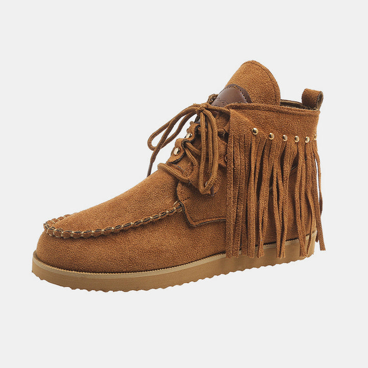 EJC Fringe Studded Round Toe Canvas Boots