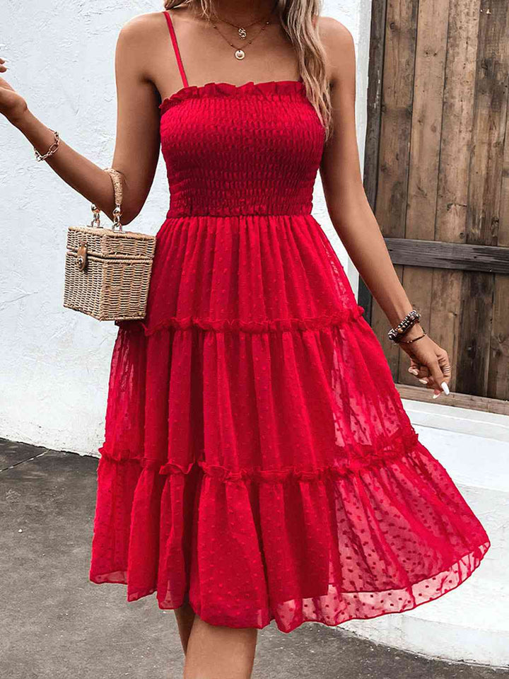 EJC Smocked Sleeveless Swiss Dot Midi Dress