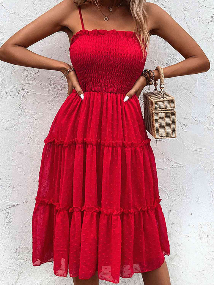 EJC Smocked Sleeveless Swiss Dot Midi Dress
