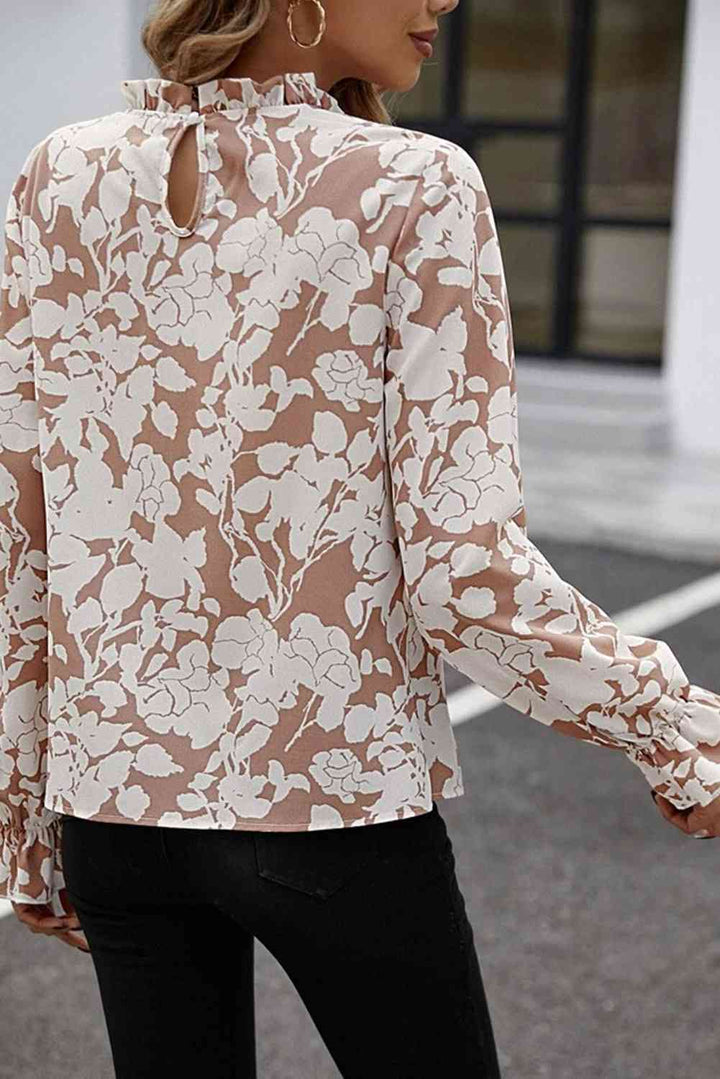 EJC FLORAL PRINT MOCK NECK FLOUNCE SLEEVE BLOUSE
