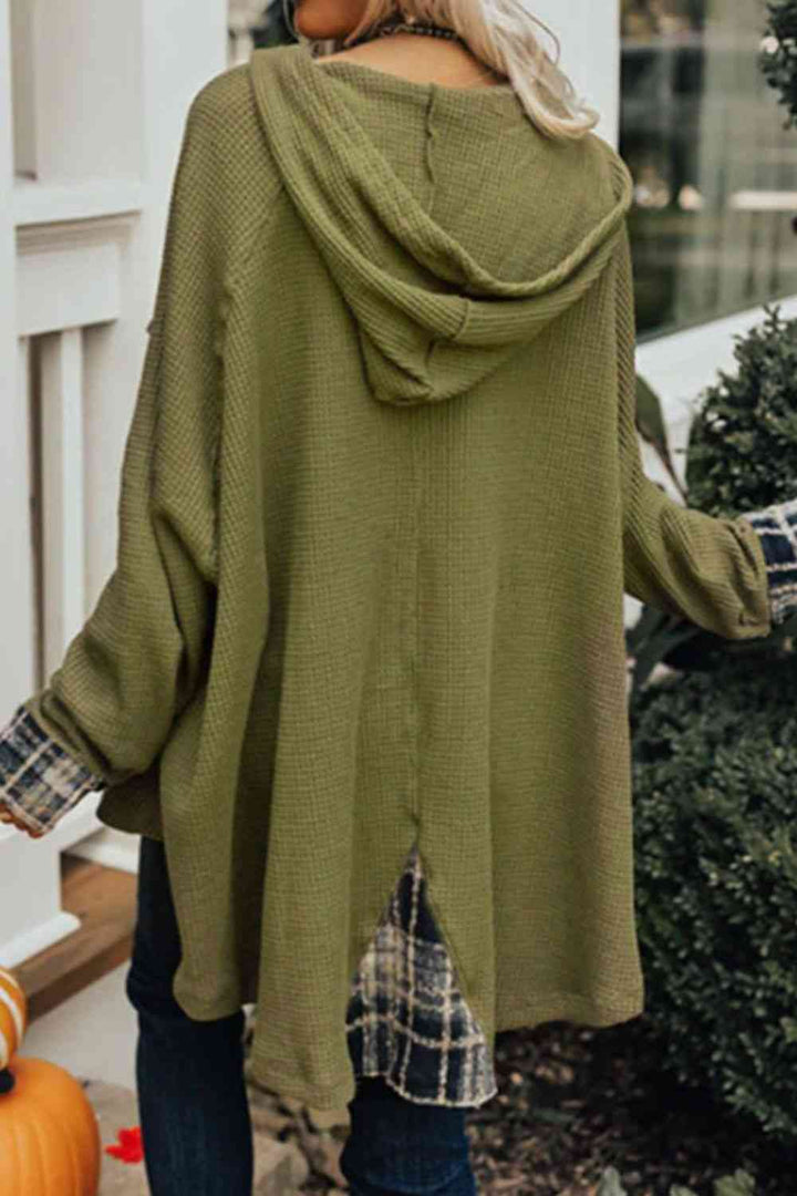 EJC WAFFLE-KNIT BUTTONED LONG SLEEVE HOODIE