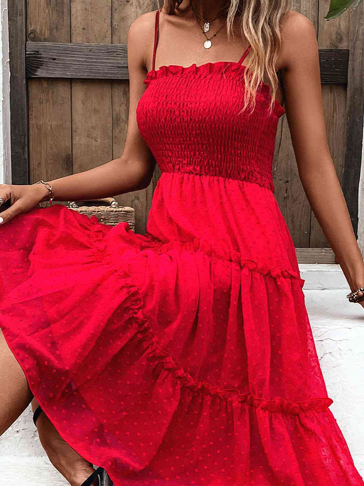 EJC Smocked Sleeveless Swiss Dot Midi Dress