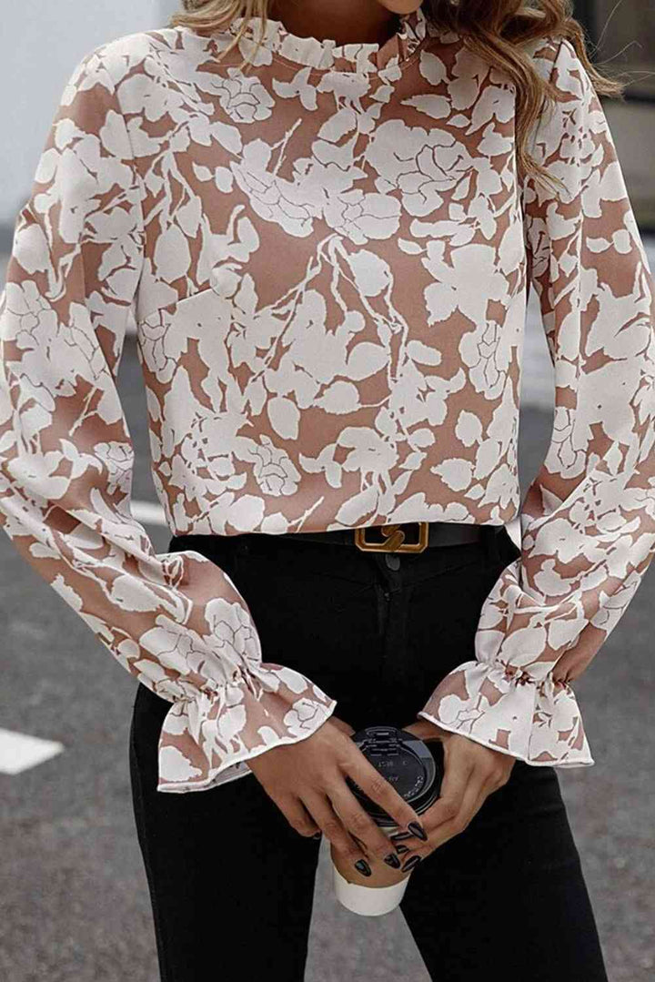 EJC FLORAL PRINT MOCK NECK FLOUNCE SLEEVE BLOUSE