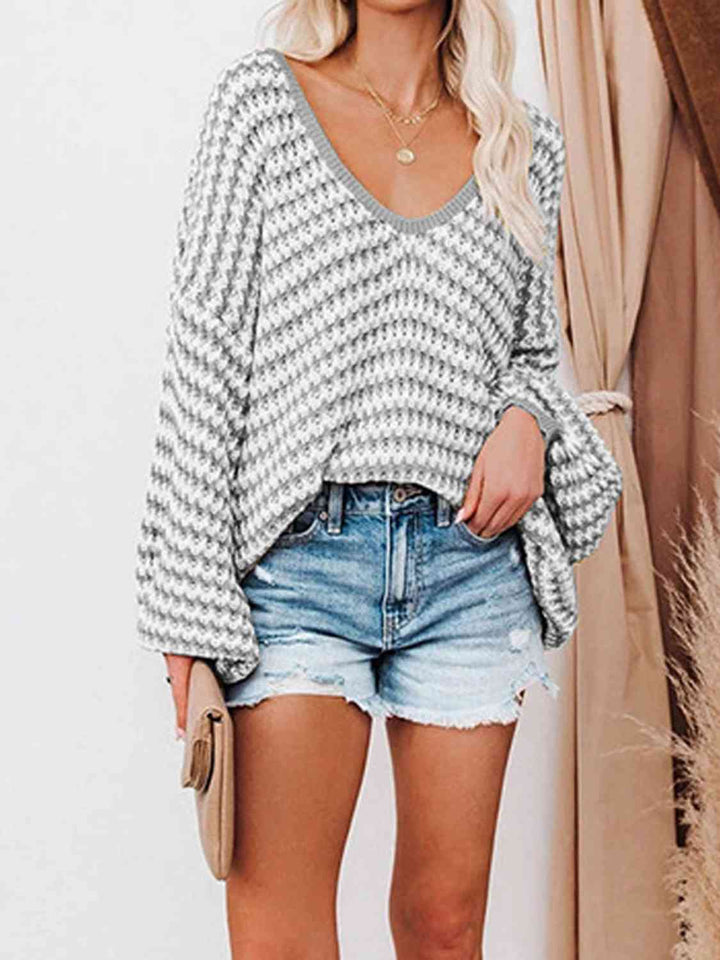 EJC STRIPED DROP SHOULDER V-NECK SWEATER