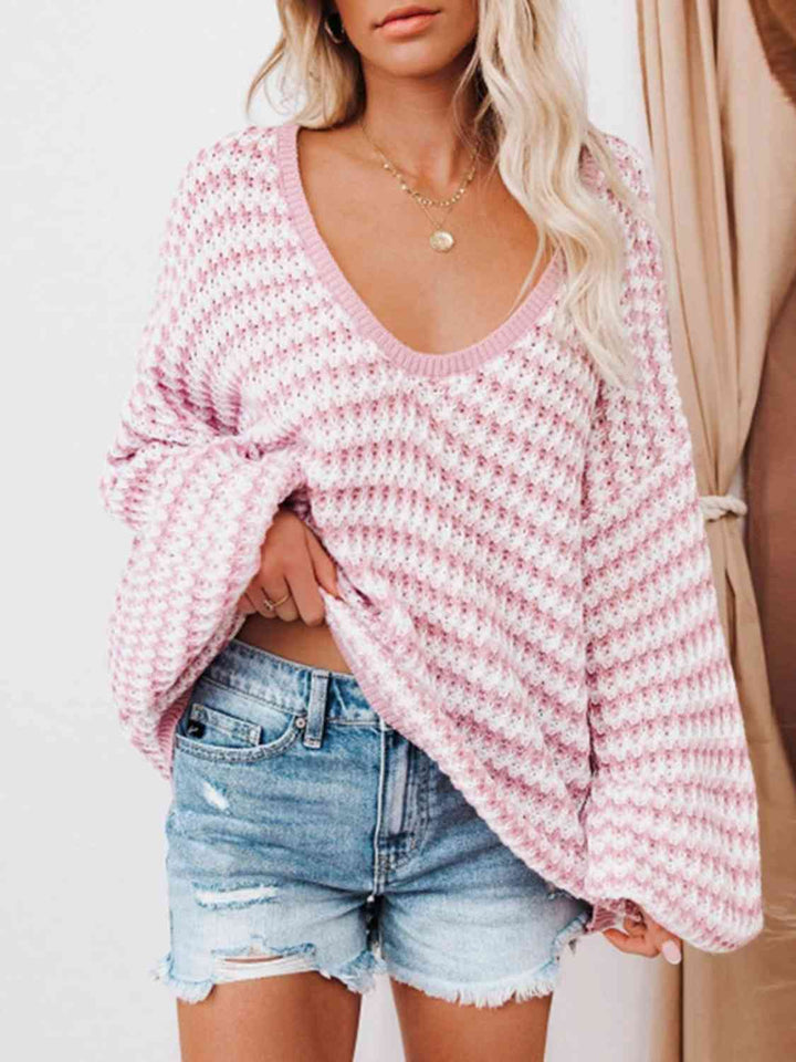 EJC STRIPED DROP SHOULDER V-NECK SWEATER