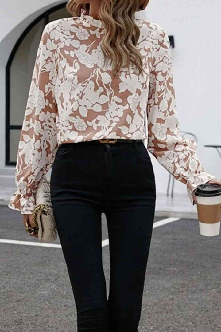 EJC FLORAL PRINT MOCK NECK FLOUNCE SLEEVE BLOUSE