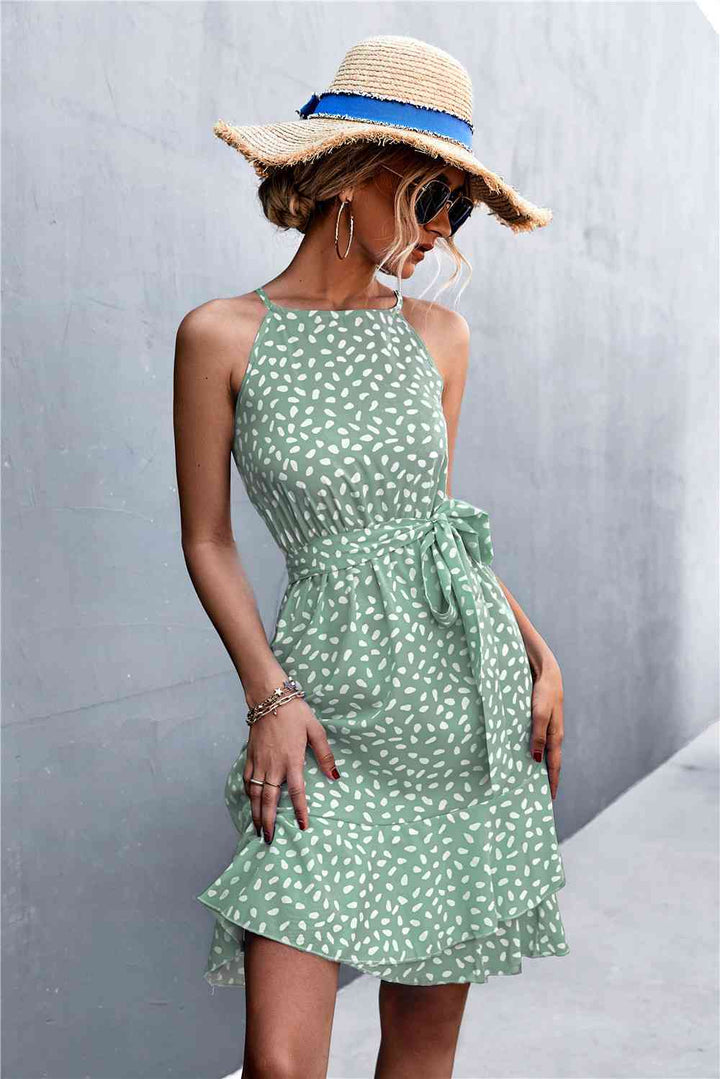 EJC Printed Tie Waist Ruffle Hem Sleeveless Dress