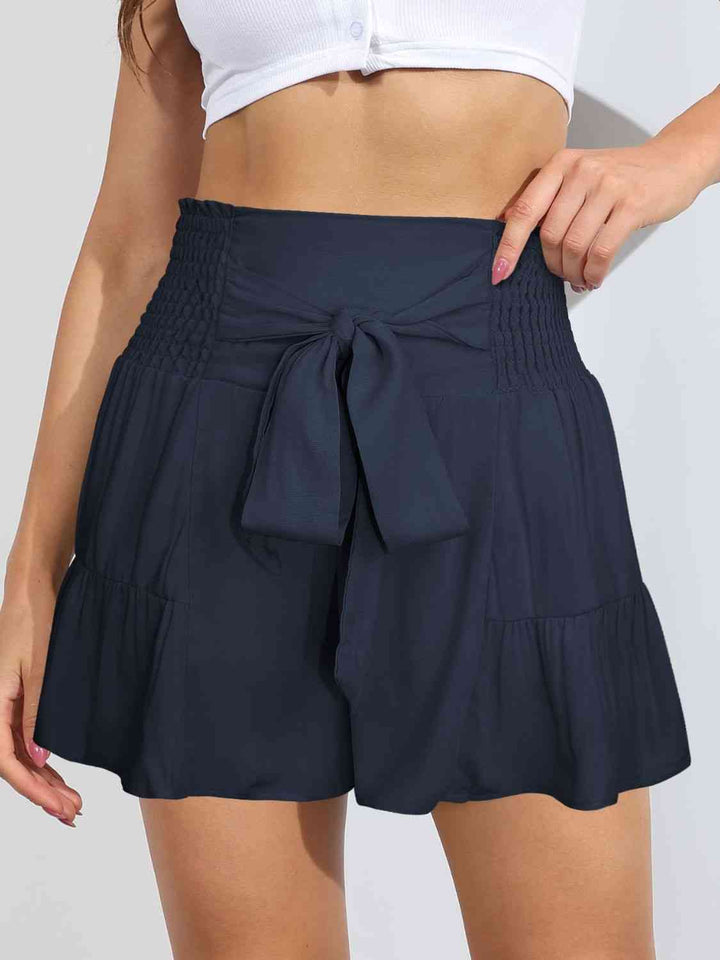 EJC Smocked Tie-Front High-Rise Shorts