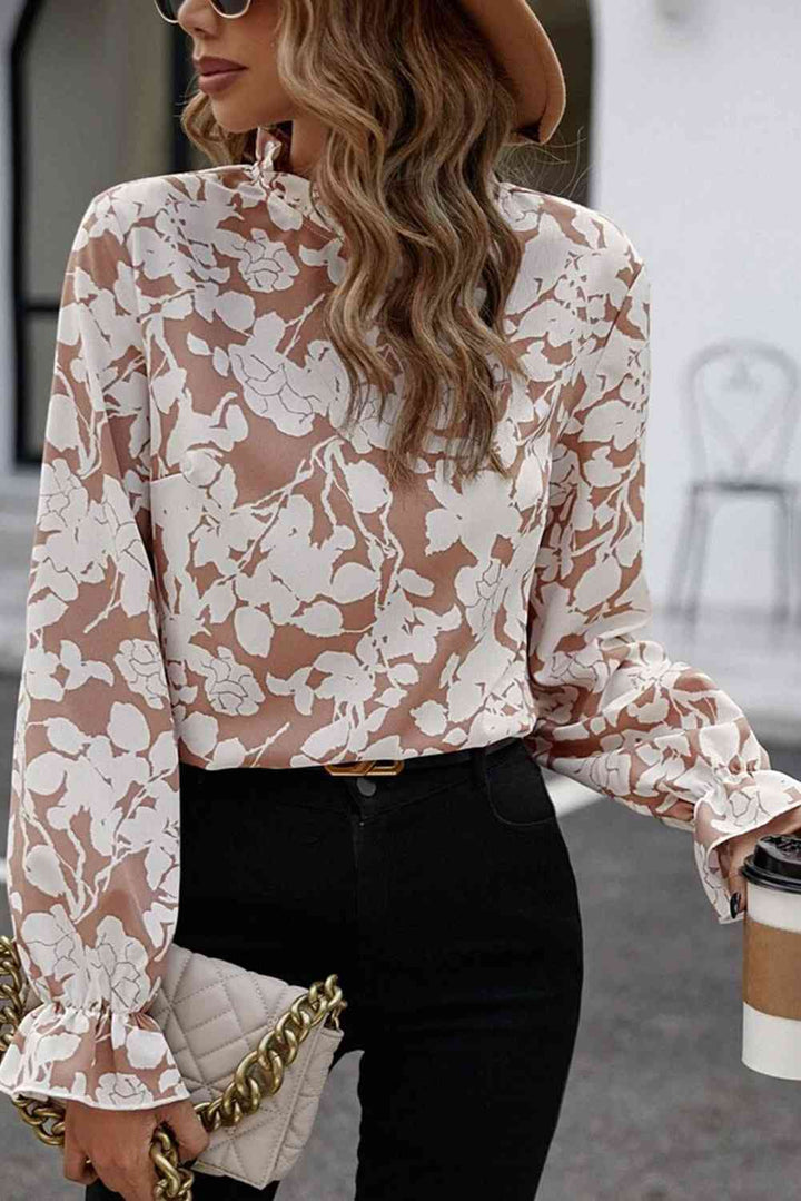 EJC FLORAL PRINT MOCK NECK FLOUNCE SLEEVE BLOUSE